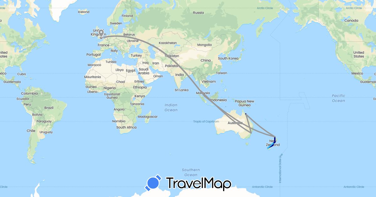 TravelMap itinerary: driving, plane, boat in Australia, United Kingdom, New Zealand, Singapore, Thailand (Asia, Europe, Oceania)